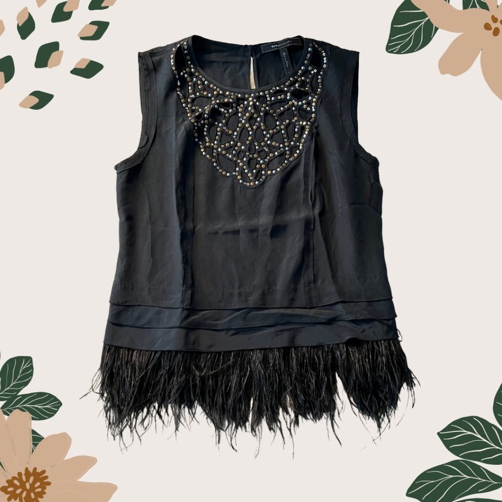BCBG - SILK TOP WITH OSTRICH FEATHERS - DRACEY - SIZE XS